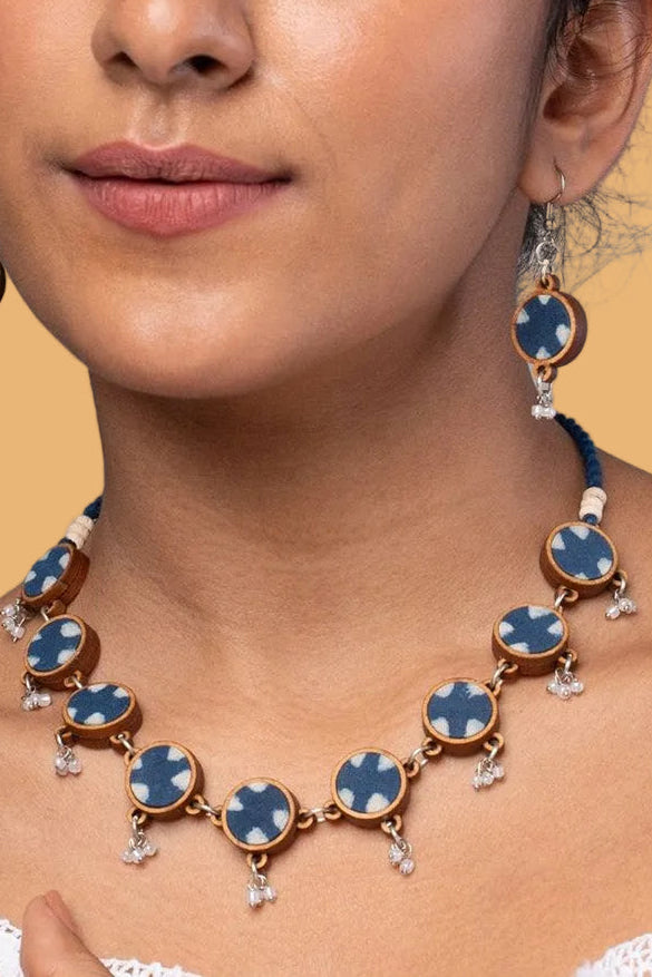 Abira | Chindi Fabric & Wood Necklace | Blue