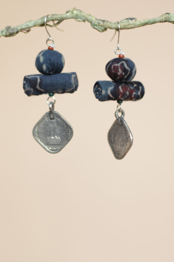 Nakhre | Chindi Coin Earring | Navy Floral Ajrakh