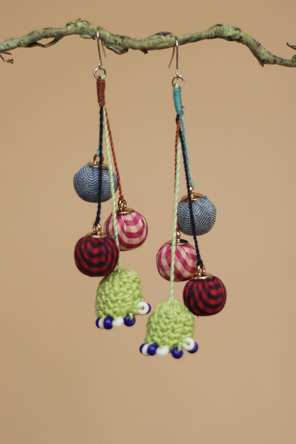 Nakhre | Chindi Potli Earrings | Deep Red & Green Crochet Jhumka