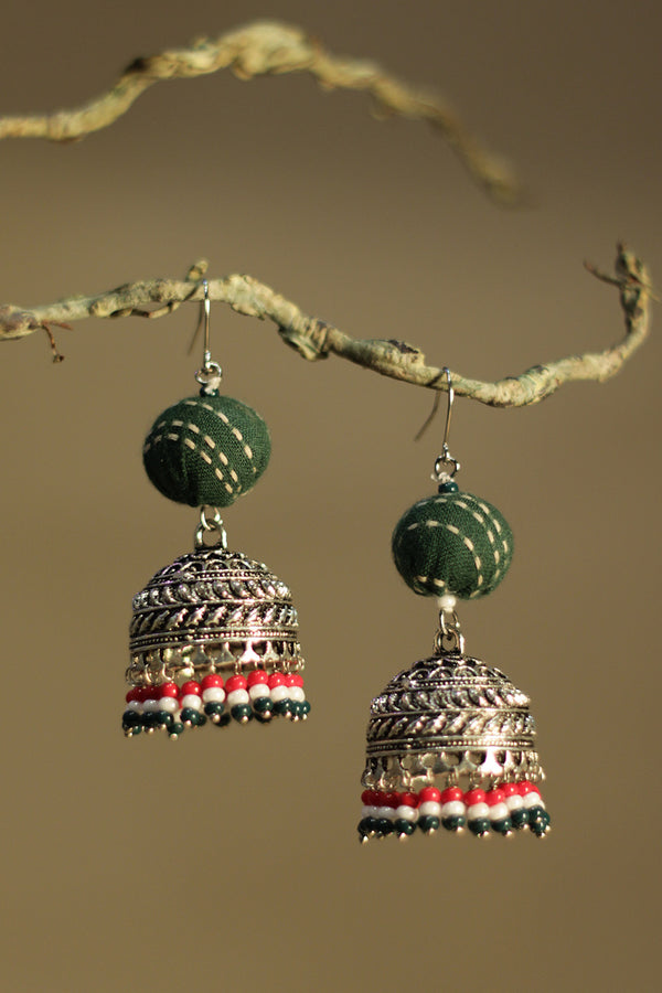 Nakhre | Potli Jhumka | Bottle Green Kantha