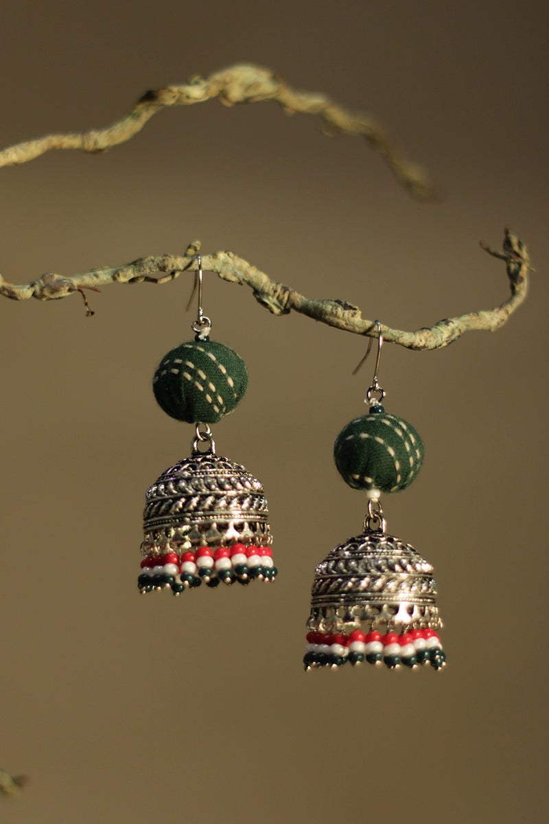 Nakhre | Potli Jhumka | Bottle Green Kantha