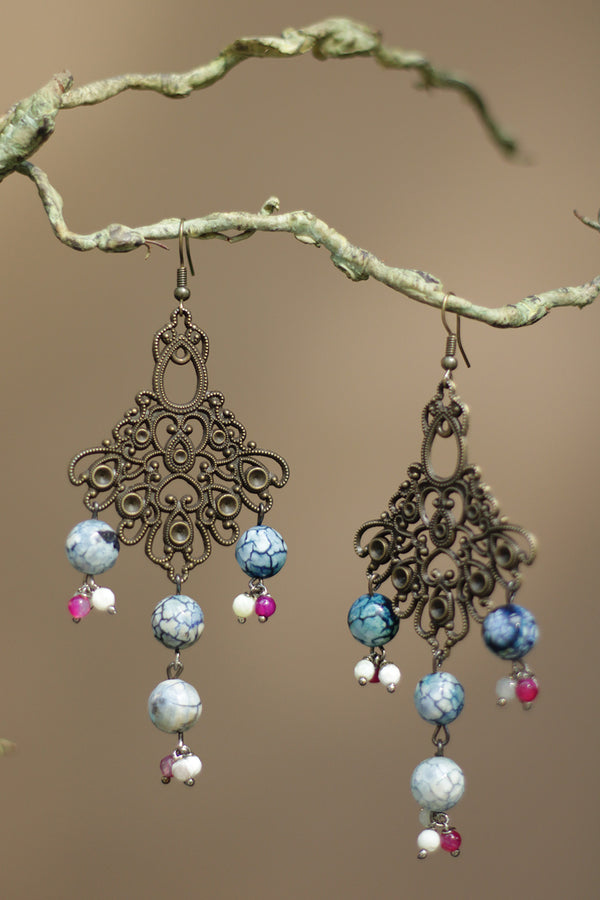 Nakshita | Classic Beaded Earrings | Ink Blue & Pink Agates