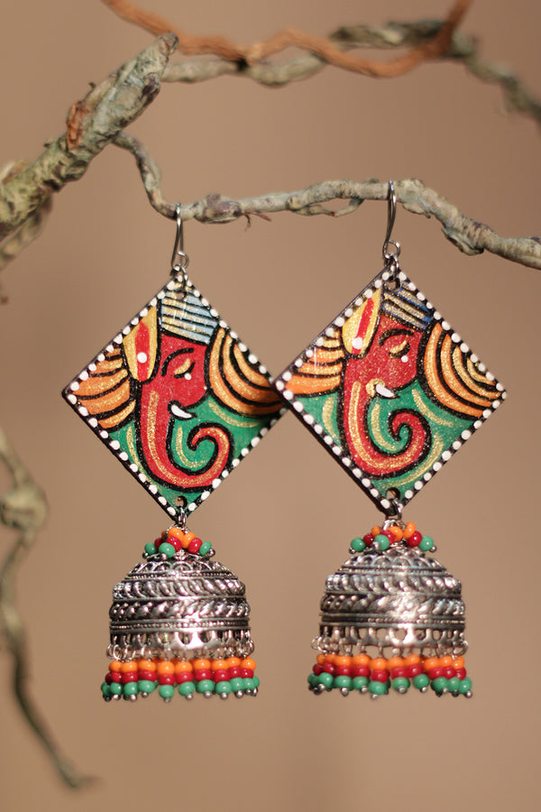 Handpainted Jhumka | Ganesha Red & Green