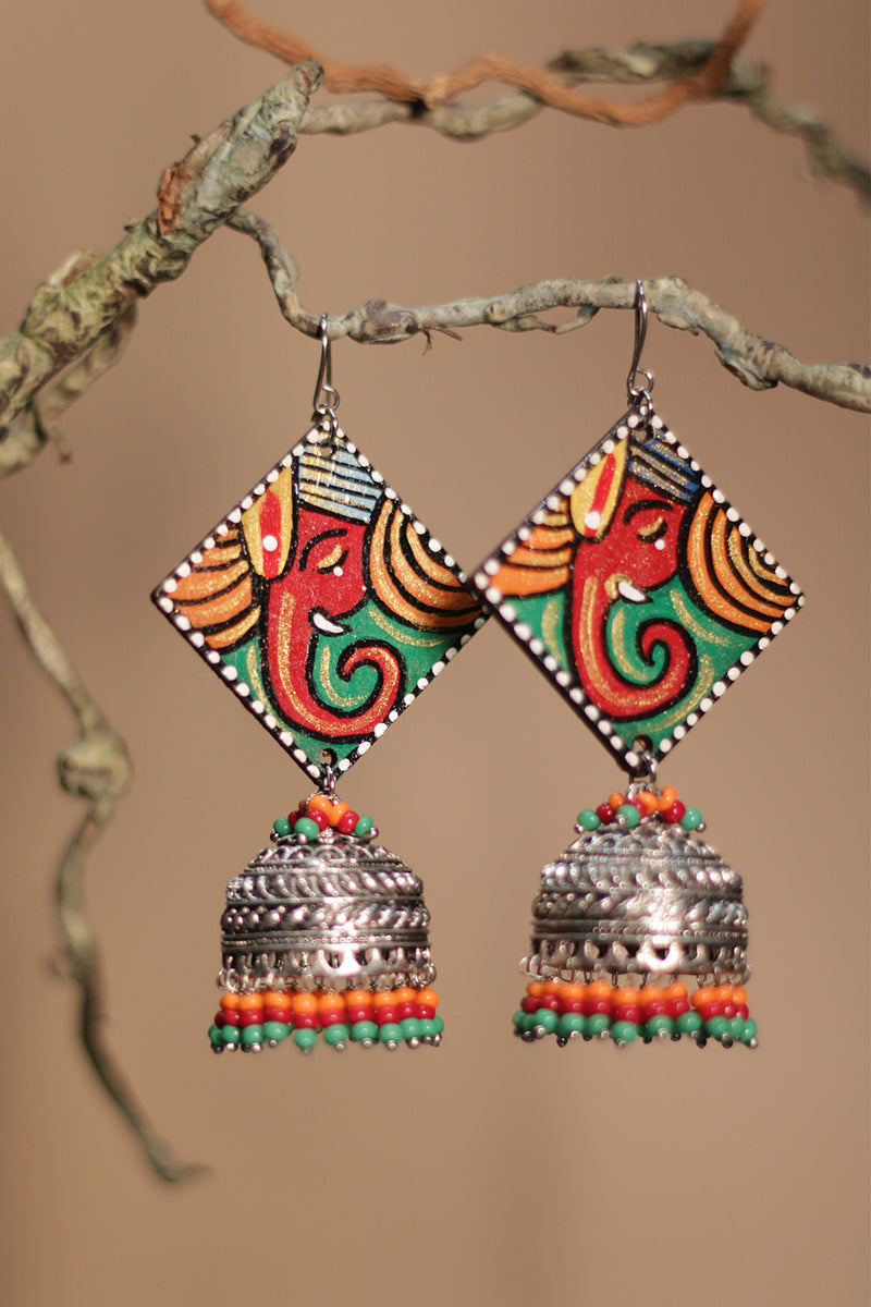 Handpainted Jhumka | Ganesha Red & Green