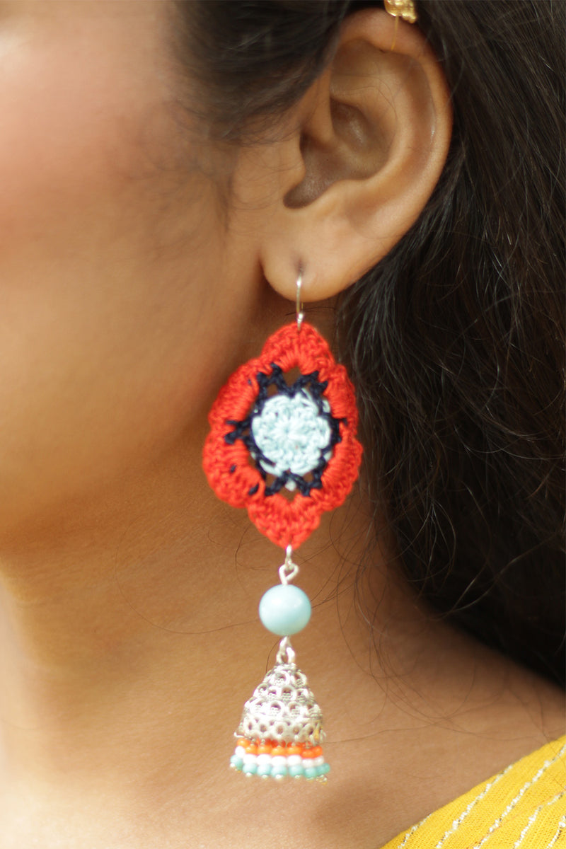 Komalika | Crochet Jhumka | Scarlet & Ice Blue