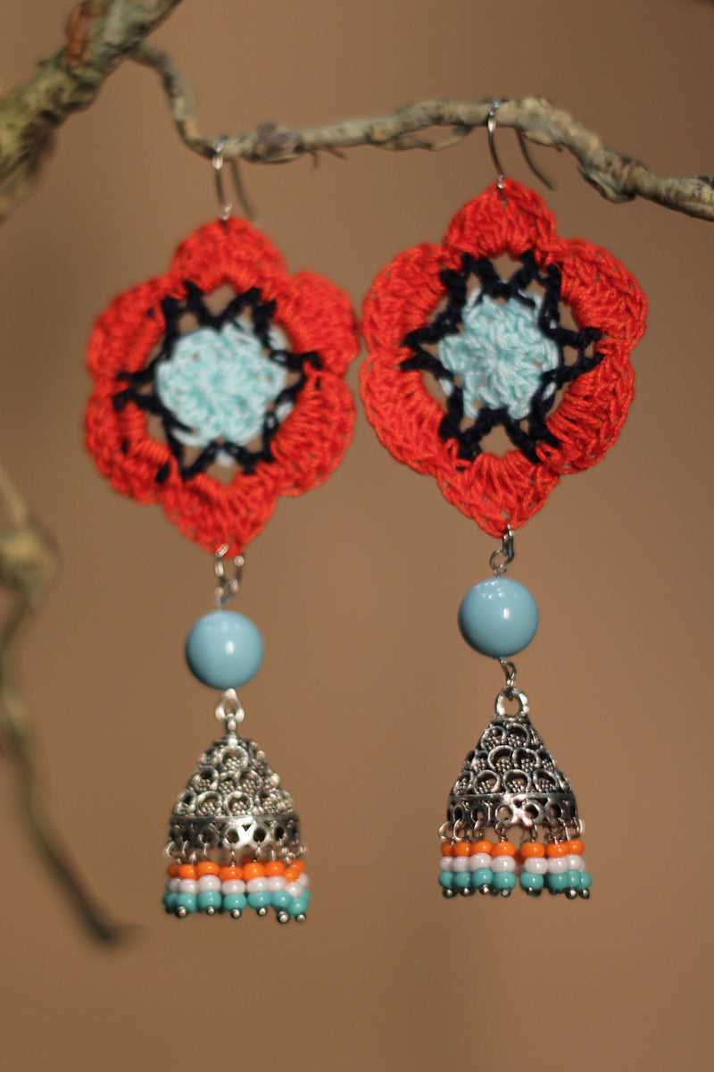 Komalika | Crochet Jhumka | Scarlet & Ice Blue