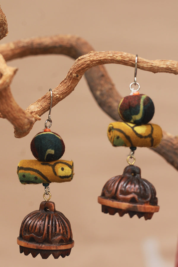 Nakhre | Chindi Potli Wooden Jhumka | Mustard
