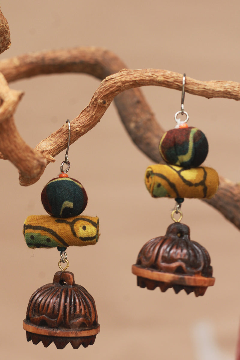 Nakhre | Chindi Potli Wooden Jhumka | Mustard