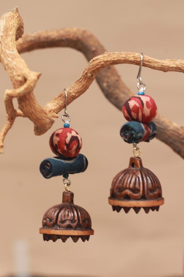 Nakhre | Chindi Potli Wooden Jhumka | Blue & Red