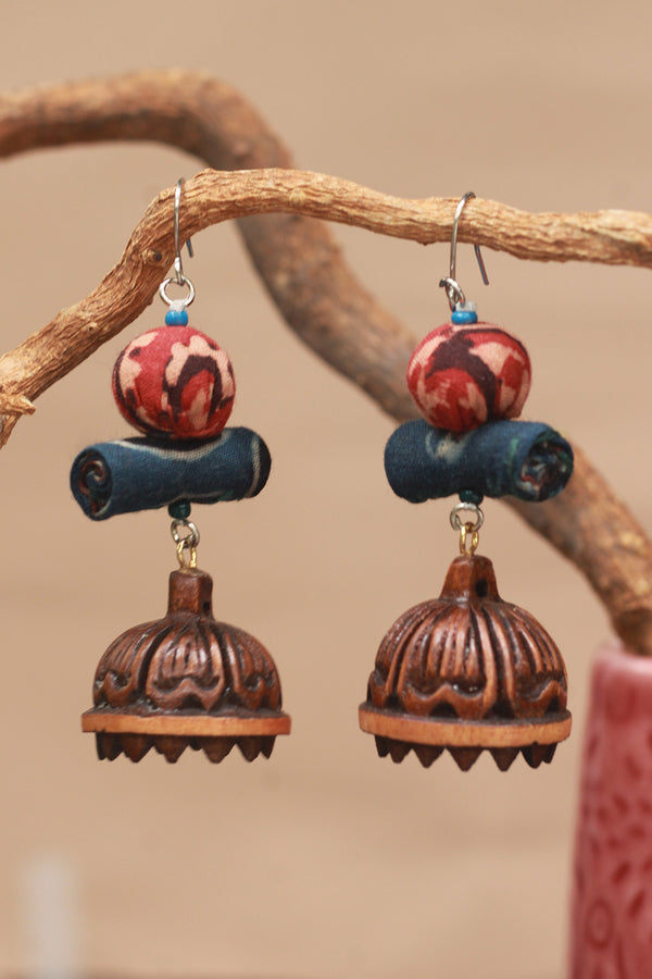 Nakhre | Chindi Potli Wooden Jhumka | Blue & Red