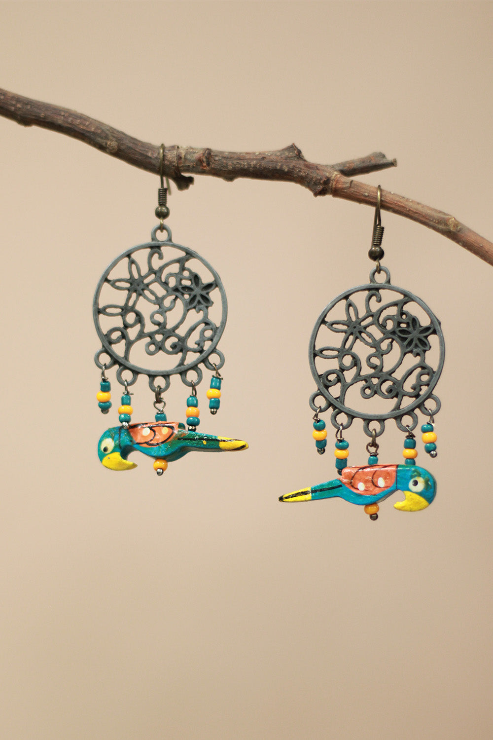 Nakshita | Chidiya Earrings | Teal & Yellow