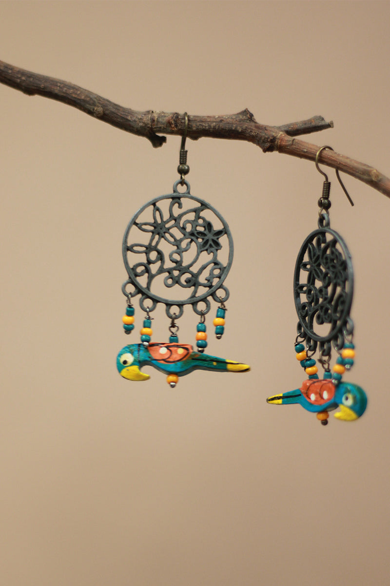 Nakshita | Chidiya Earrings | Teal & Yellow