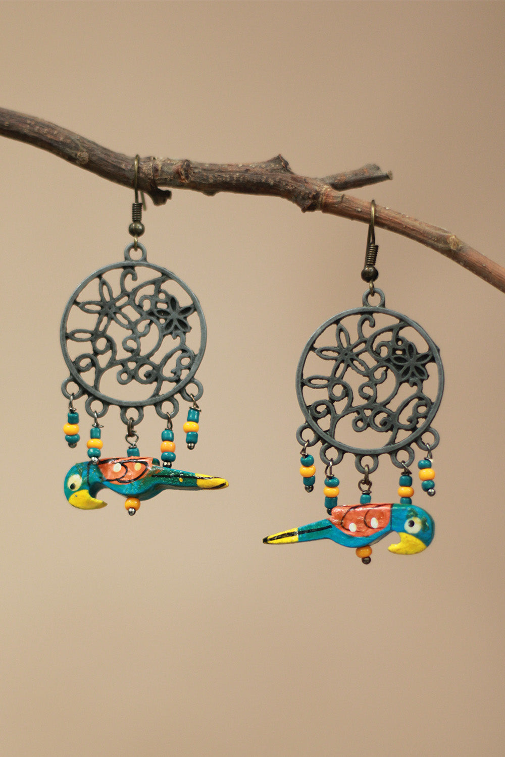 Nakshita | Chidiya Earrings | Teal & Yellow
