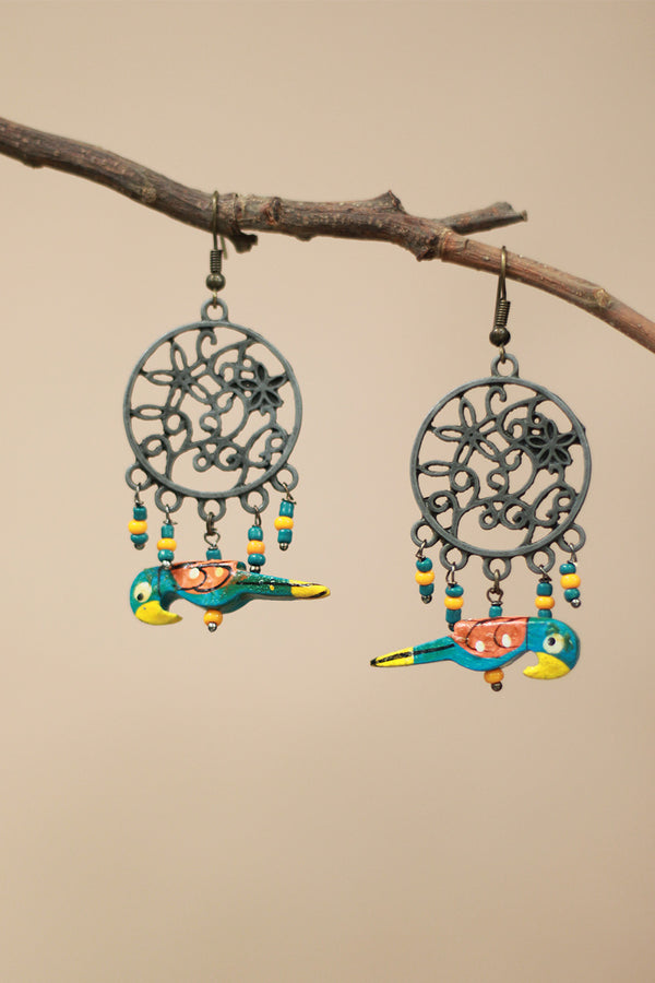 Nakshita | Chidiya Earrings | Teal & Yellow
