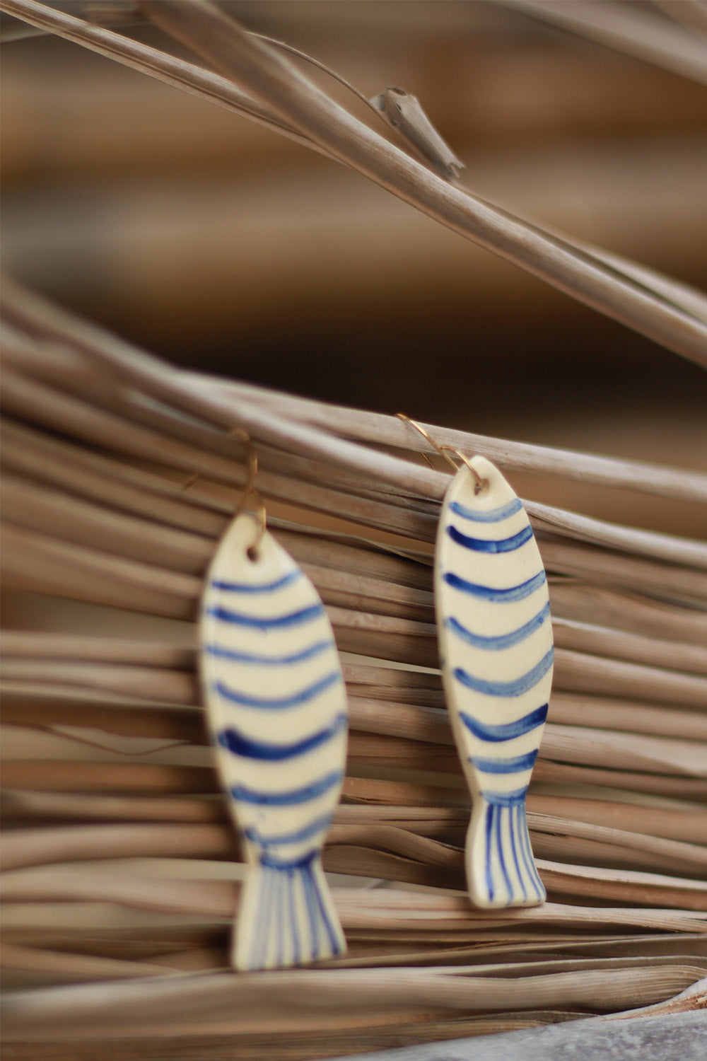 Mrida | Ceramic Earrings | Blue & White Striped Fish