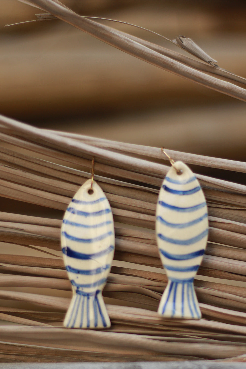 Mrida | Ceramic Earrings | Blue & White Striped Fish