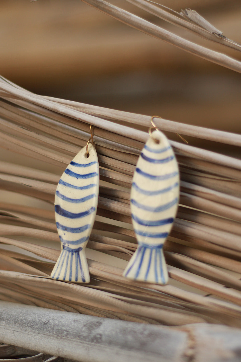 Mrida | Ceramic Earrings | Blue & White Striped Fish