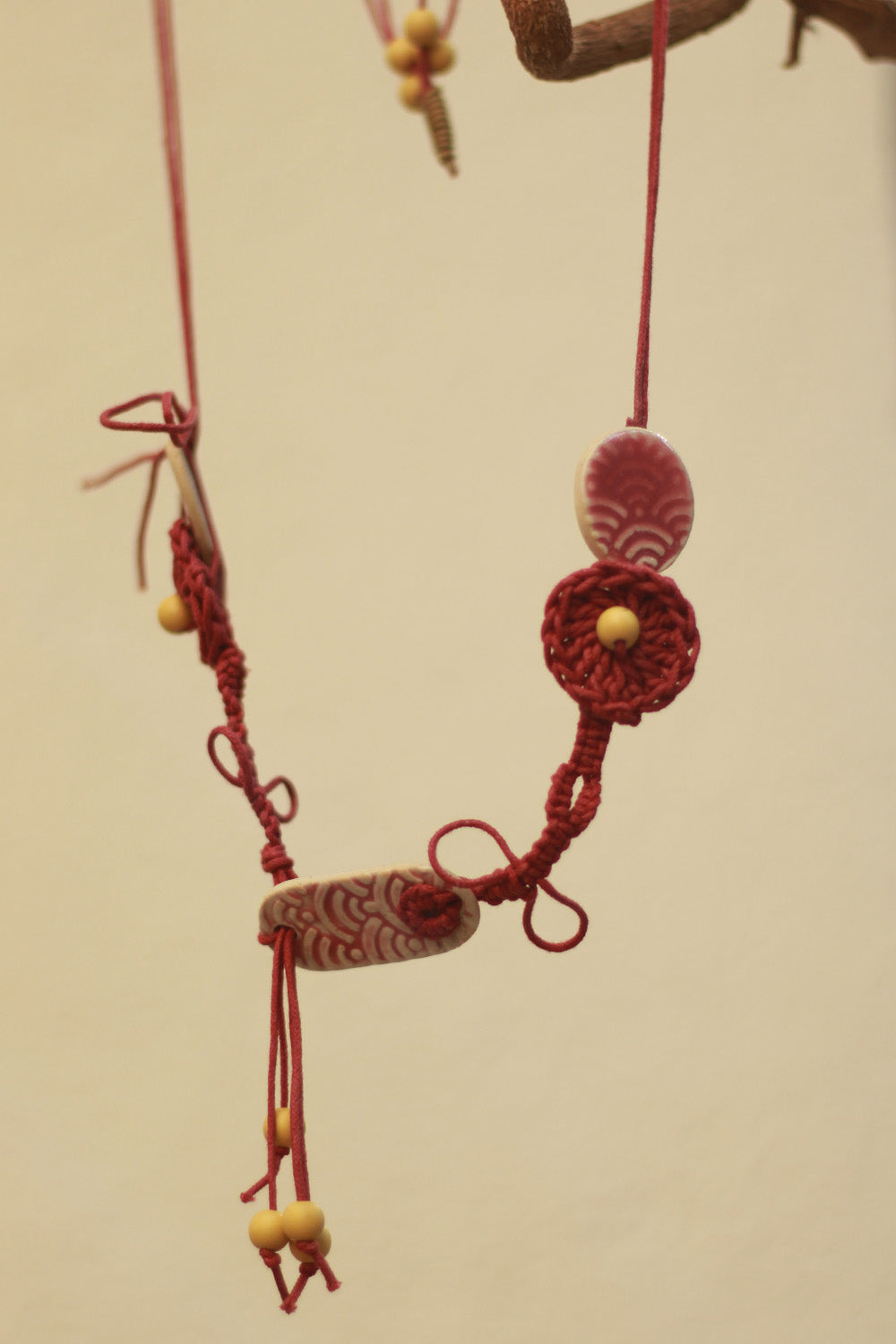 Mrida | Ceramic Necklace | Maroon Disc with Crochet