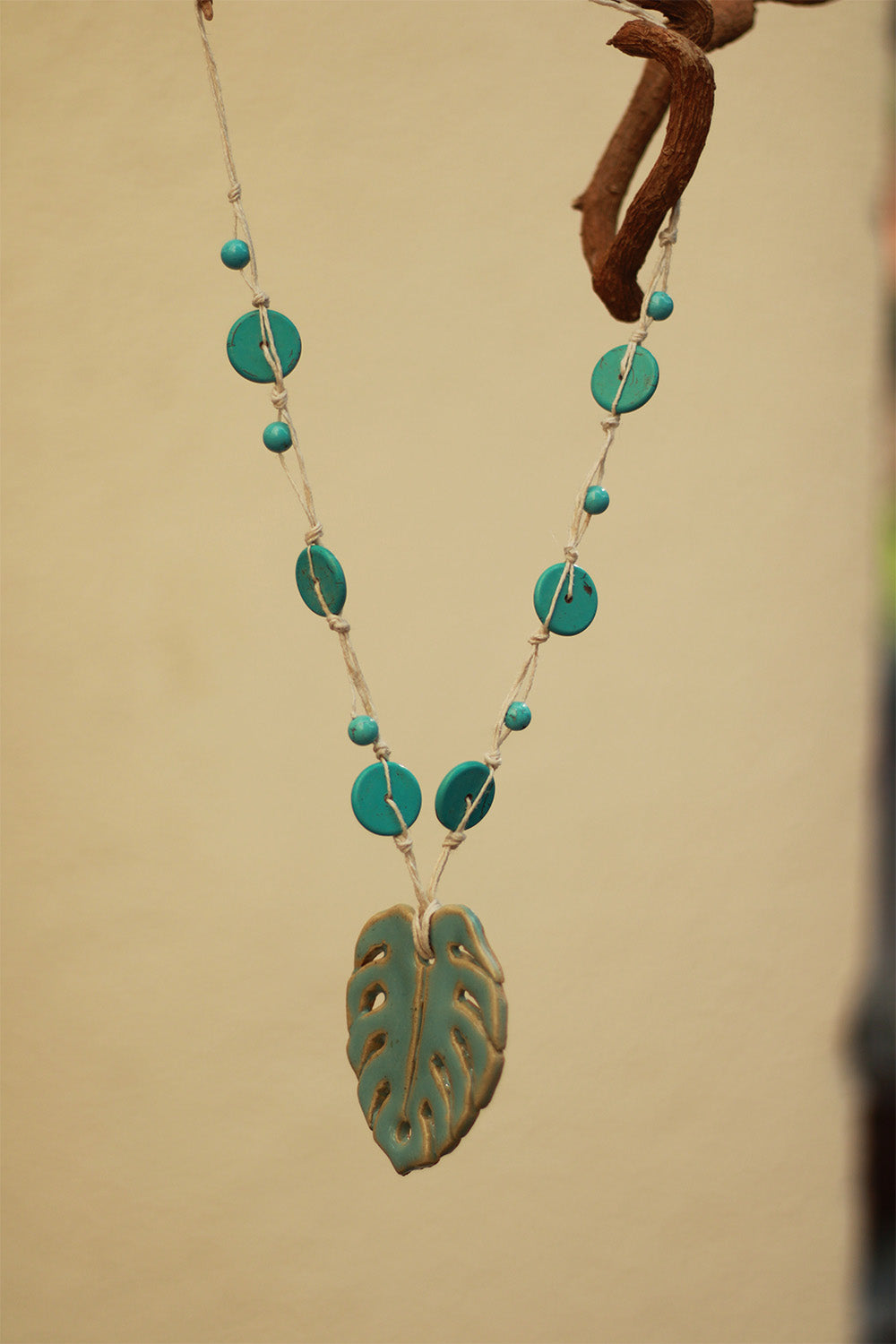 Mrida | Ceramic Necklace | Turquoise Monstera Leaf