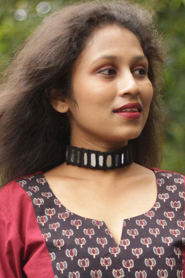 Mini Fabric Choker with Mirrorwork- Ebony