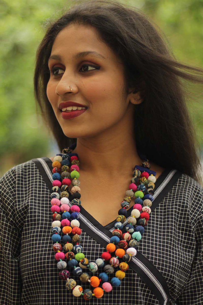 Three Strand Chindi Potli Necklace- Multi Colored