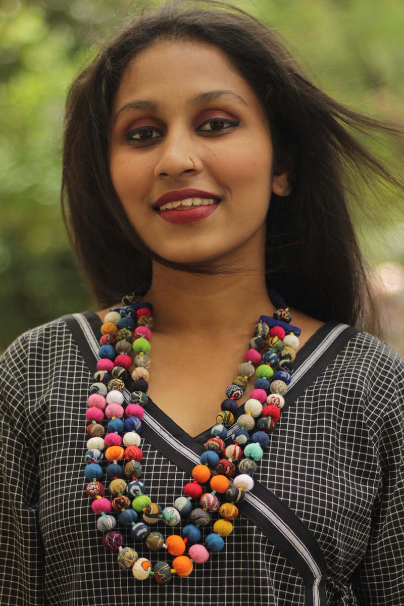 Three Strand Chindi Potli Necklace- Multi Colored