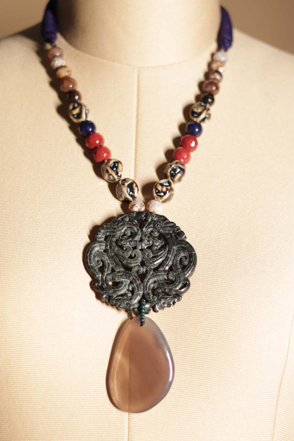 Agates Necklace | Carved Stone Pendant | Moss Brown