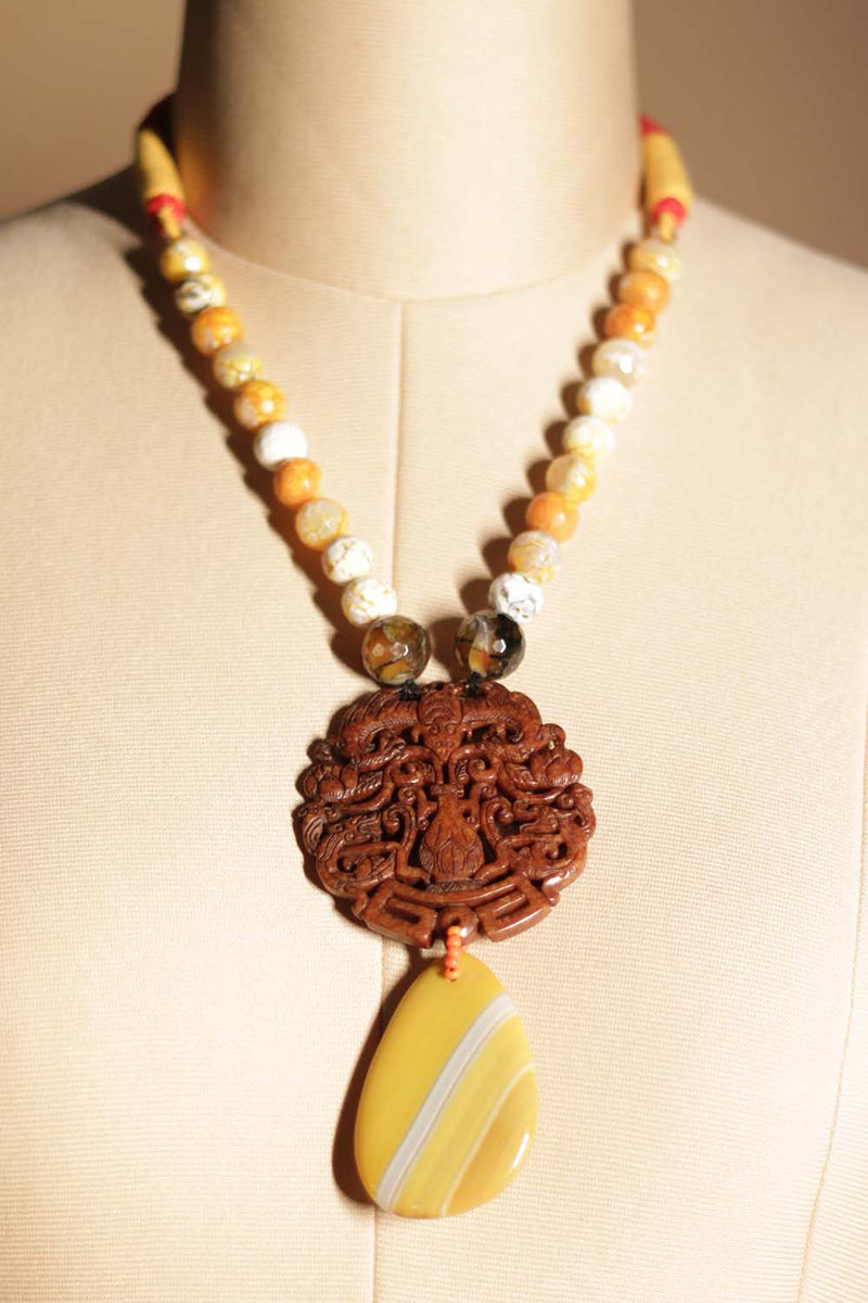 Agates Necklace | Carved Stone Pendant | Caramel