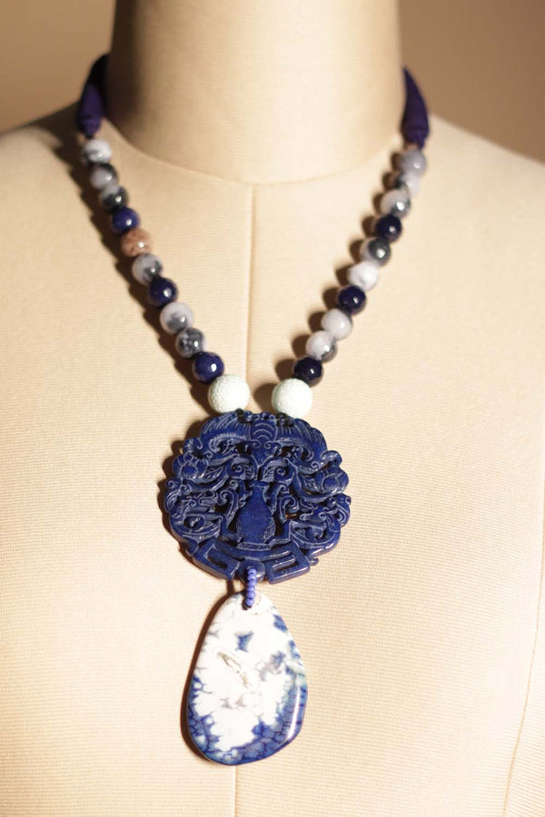 Agates Necklace | Carved Stone Pendant | Blue
