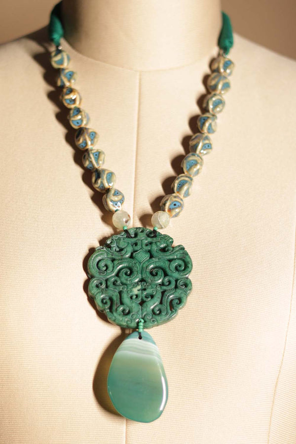 Agates Necklace |Carved Stone Pendant | Green