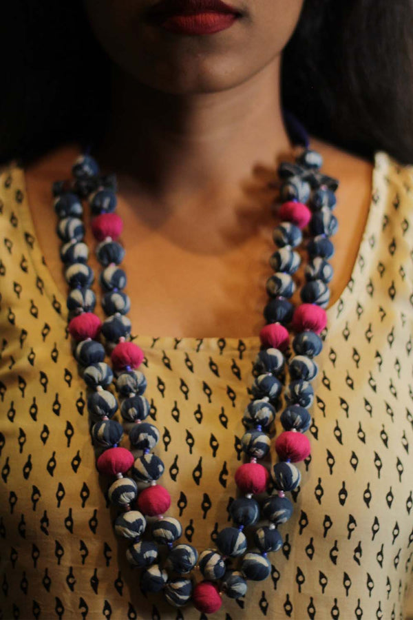Two Strand Chindi Potli Necklace | Indigo & Pink