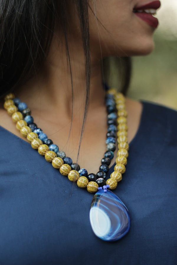 Necklace | Blue Agate beads & Yellow Ceramic Beads