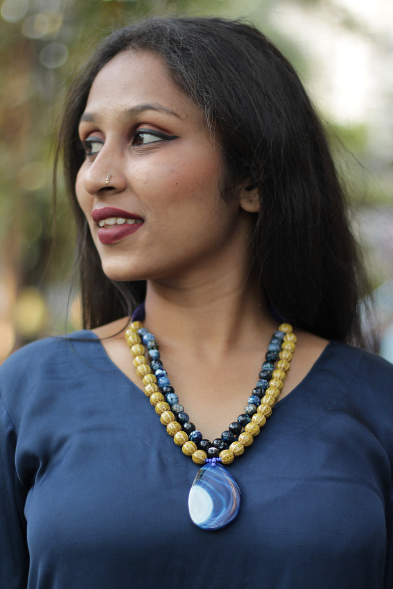 Necklace | Blue Agate beads & Yellow Ceramic Beads