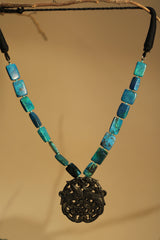 Necklace | Flat Turquoise Blue Agates with Carved Pendant