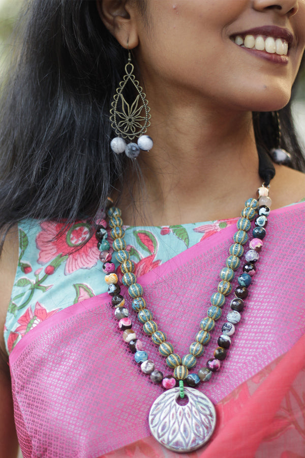 Necklace | Multicolour agates with Green & Yellow Ceramic & Agate beads