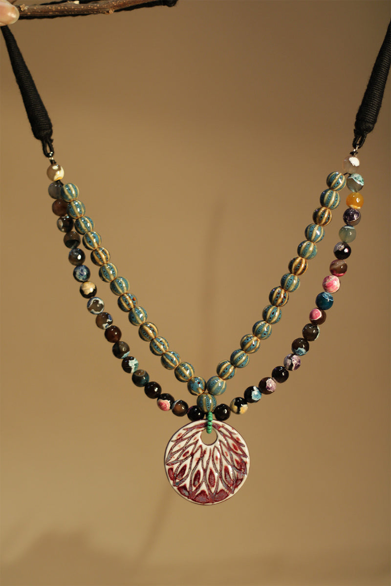 Necklace | Multicolour agates with Green & Yellow Ceramic & Agate beads