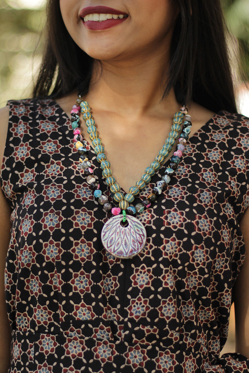 Necklace | Multicolour agates with Green & Yellow Ceramic & Agate beads