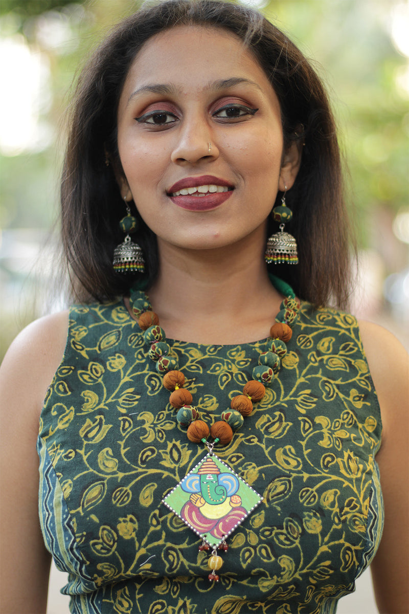 Chindi Necklace | Mustard & Green with Handpainted Ganesha pendant