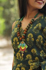 Chindi Necklace | Mustard & Green with Handpainted Ganesha pendant