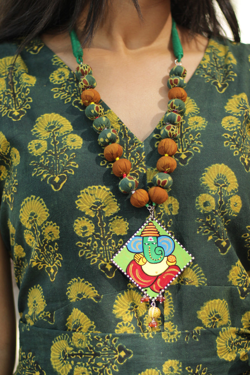 Chindi Necklace | Mustard & Green with Handpainted Ganesha pendant