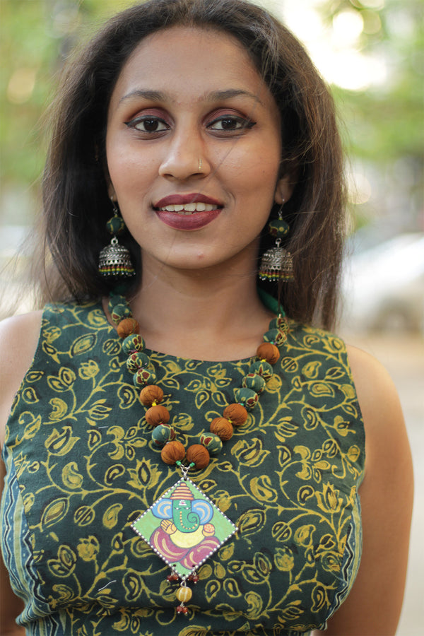 Chindi Necklace | Mustard & Green with Handpainted Ganesha pendant