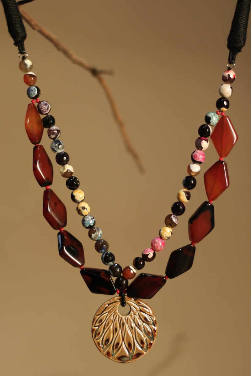Necklace | Multicolour Agate beads with Flat brown agates