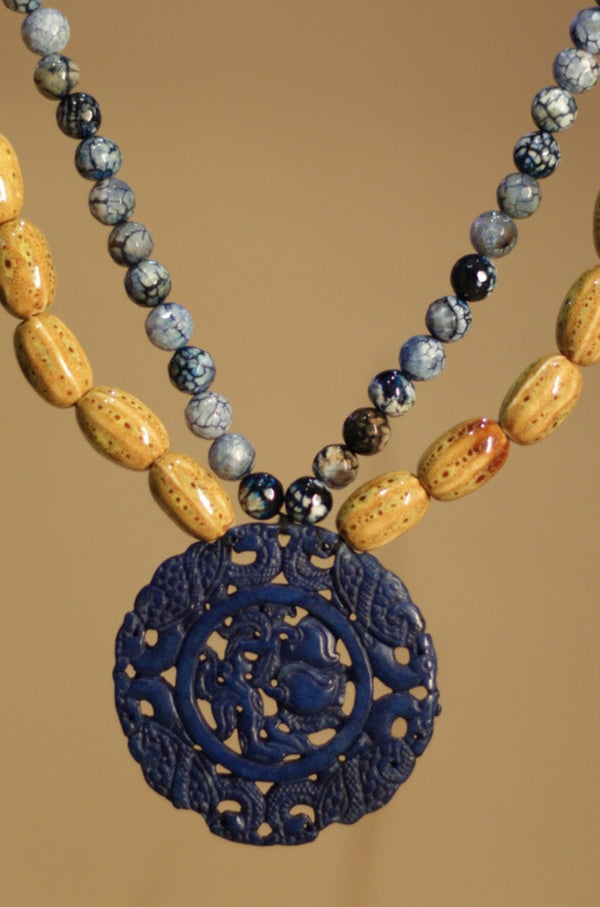 Shruti | Beaded Necklace | Agates, Ceramic Beads with Carved Stone Pendant