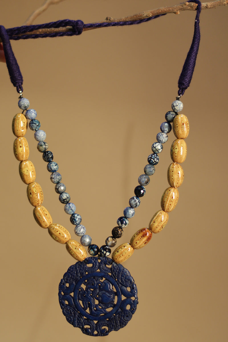 Shruti | Beaded Necklace | Agates with Carved Stone Pendant