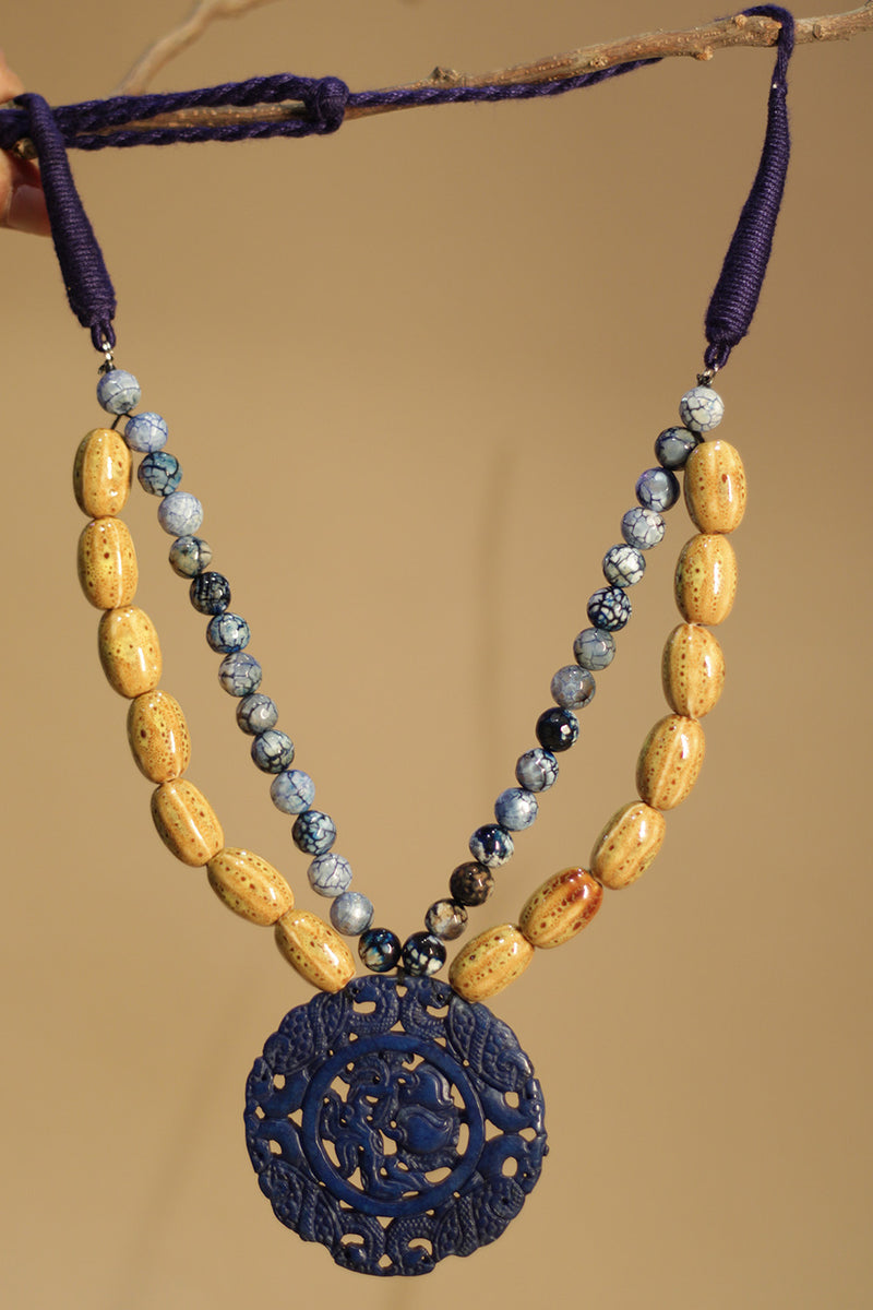 Shruti | Beaded Necklace | Agates with Carved Stone Pendant
