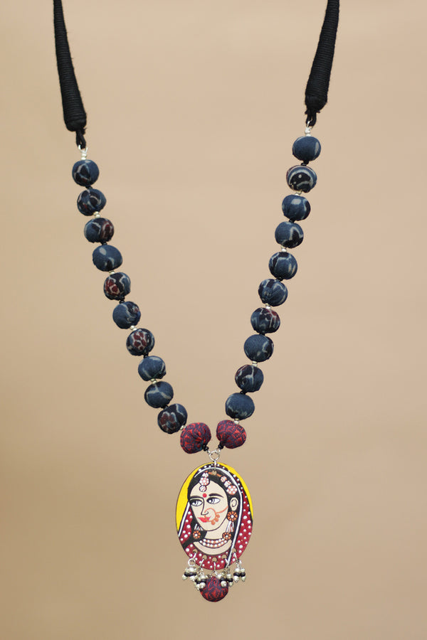 Chindi beads necklace | Indigo Beads | Handpainted Pendant