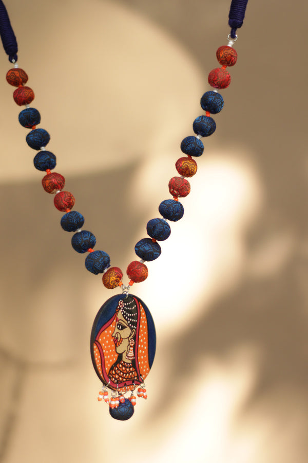 Chindi beads necklace | Blue & Orange Khunn beads |Handpainted Pendant