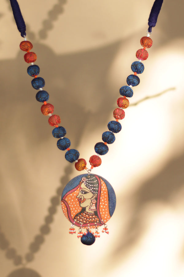 Chindi beads necklace | Blue & Orange Khunn beads |Handpainted Pendant