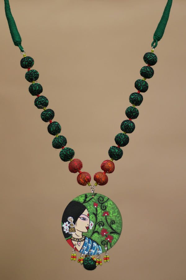 Rangili | Chindi beads necklace | Green Handpainted Pendant