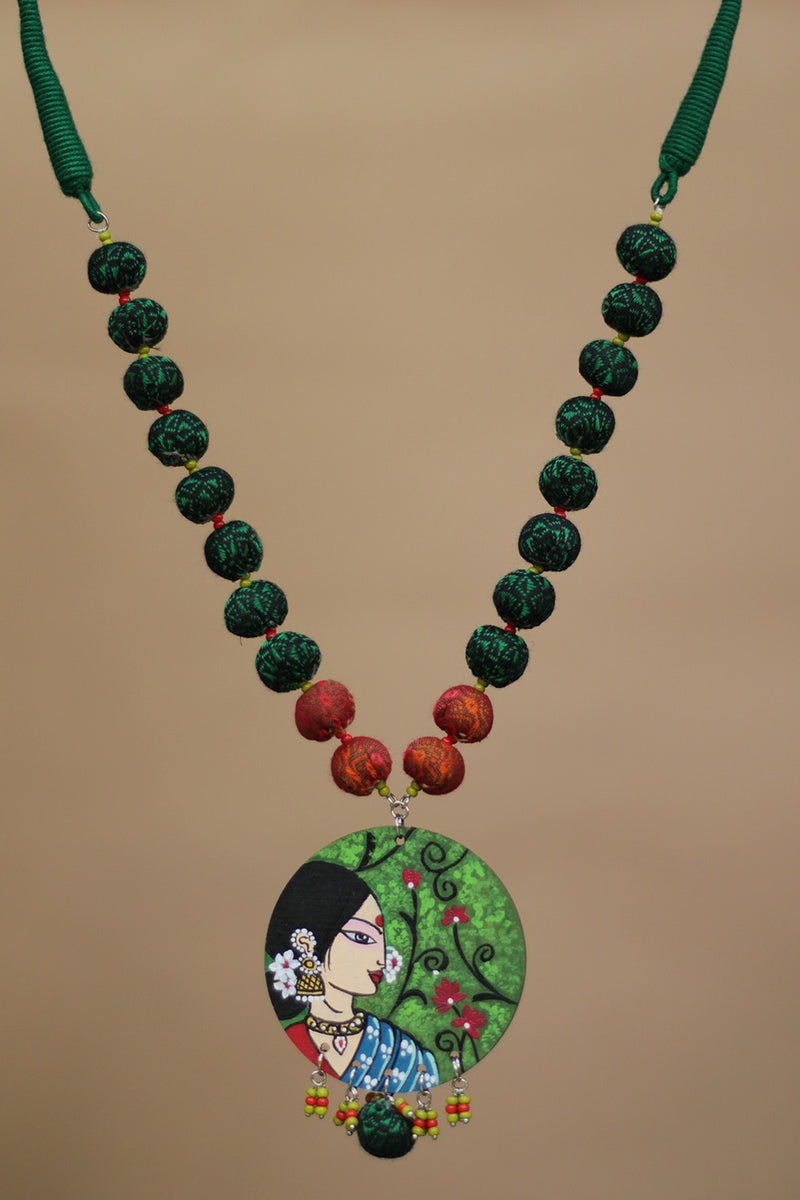 Rangili | Chindi beads necklace | Green Handpainted Pendant